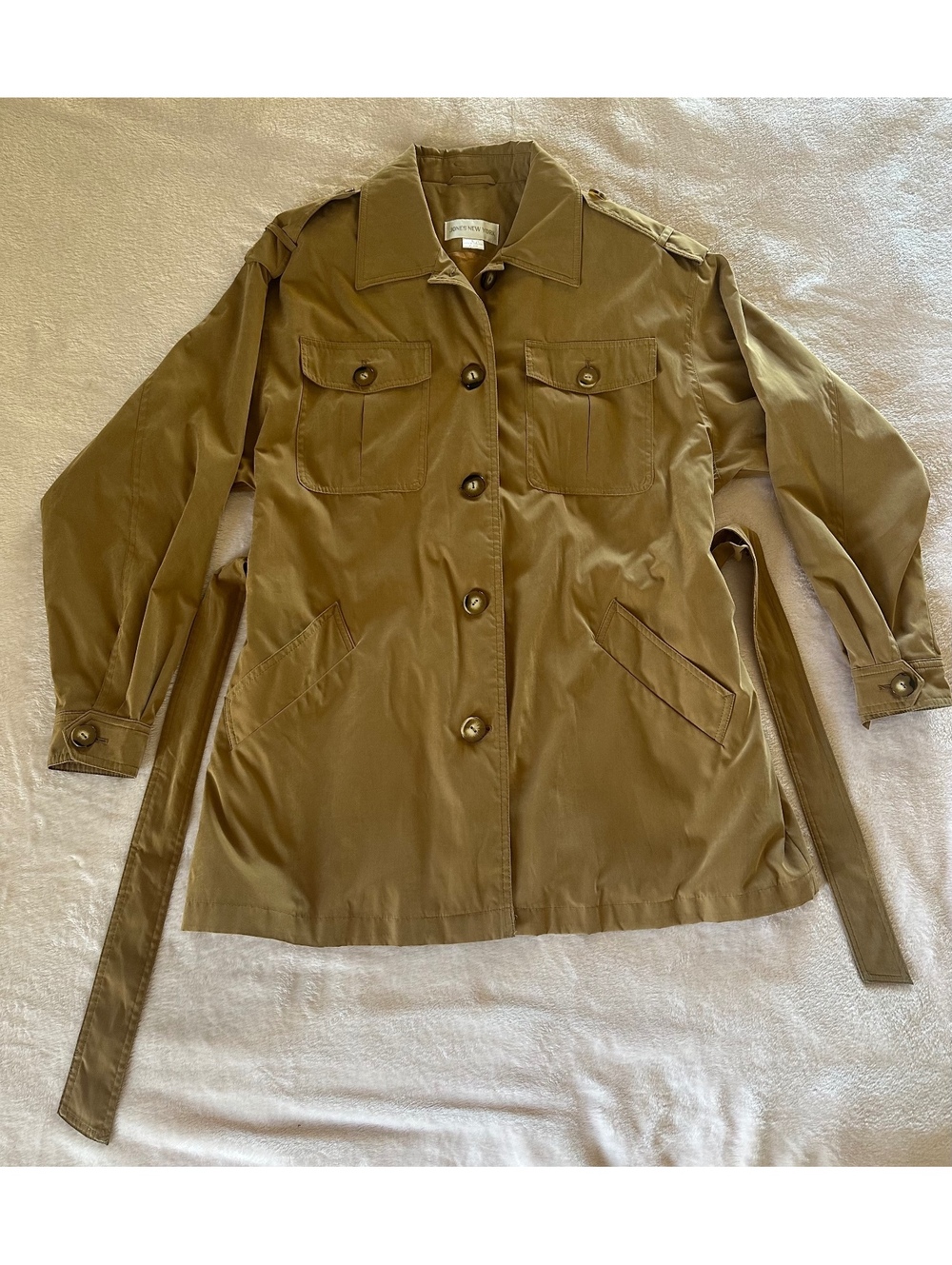 Jones New York Tan Safari Utility Jacket – Belted Trench Style – Women's Large